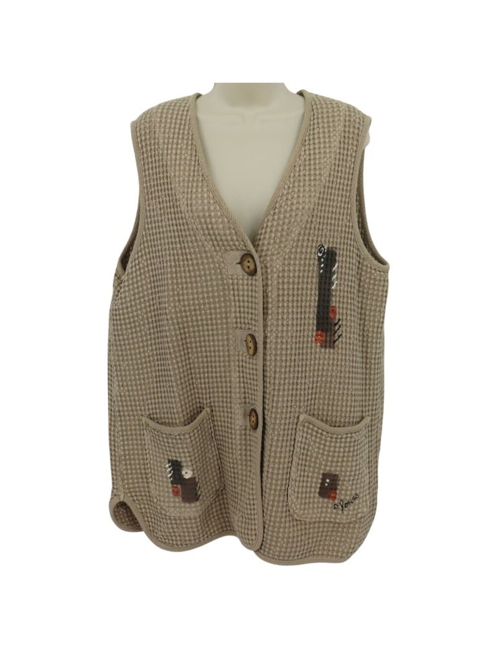 Phoenix Conexion Women Large Puckered Beige Hand Painted Sleeveless Button Vest